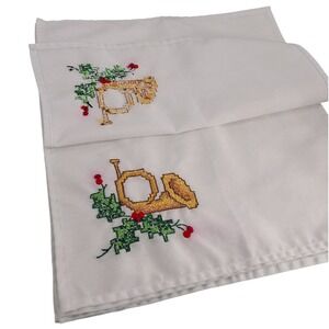 Vintage Cross Stitch Christmas Napkins White Cotton French‎ Horn Holly Set of 6
